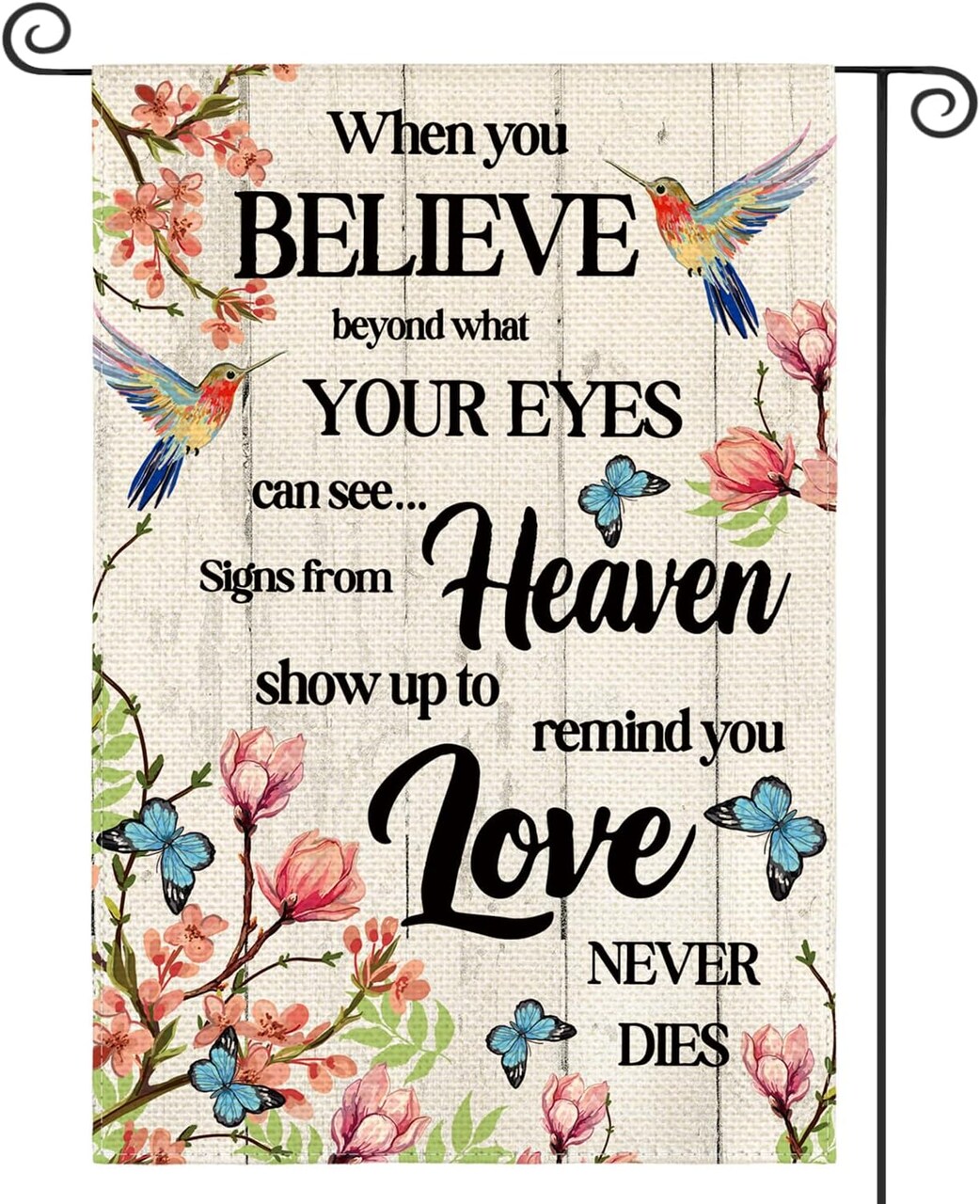 Hummingbird Memorial Garden Flag 12x18 Inch Double Sided Outside, Love Never Dies Memorial Day Gravesite Saying Spring Yard Outdoor Decoration